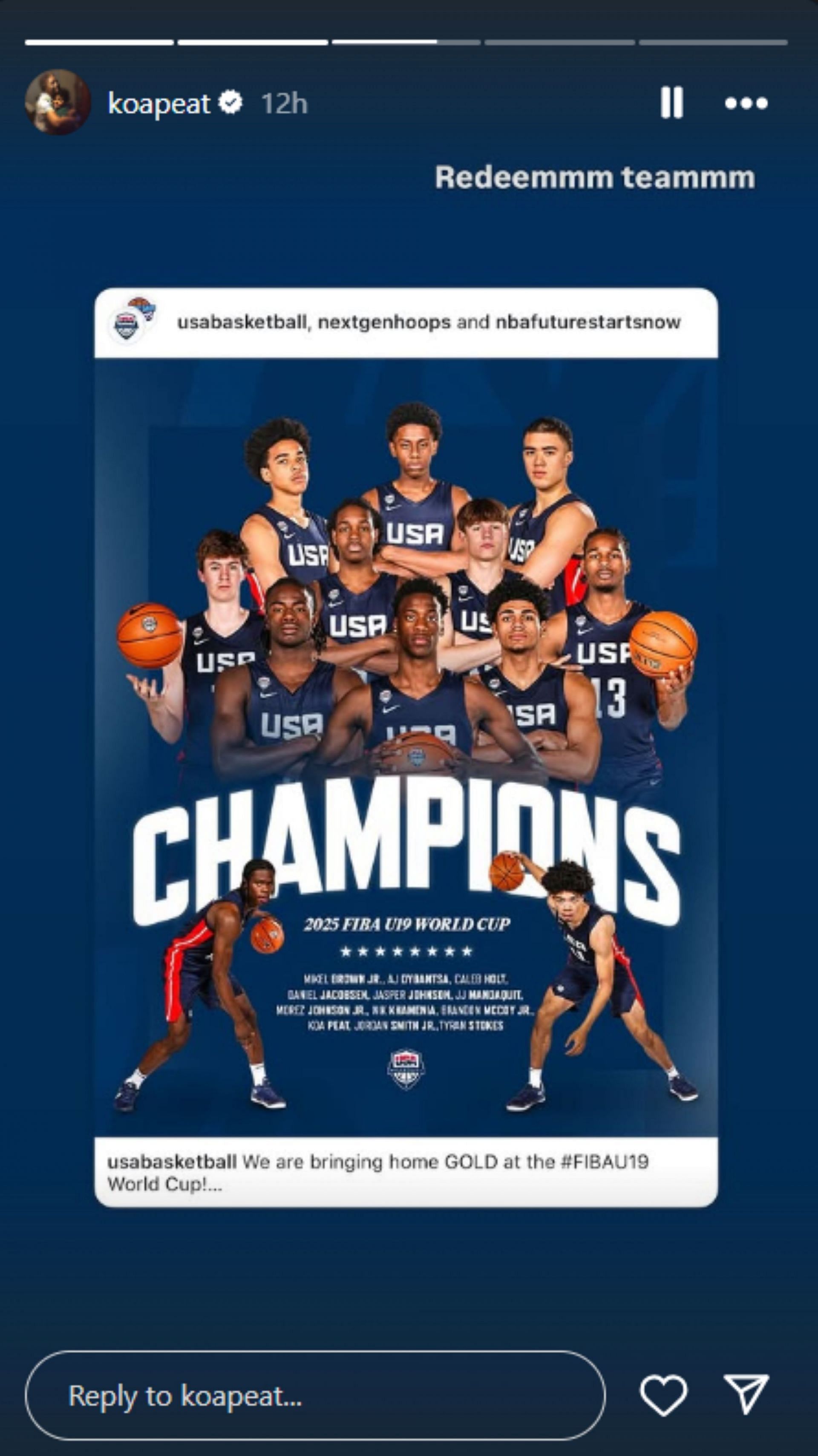 Bryce James' Arizona teammate Koa Peat drops 2-word reaction after USA beat Brazil in FIBA AmeriCup finals (Image via Instagram @koapeat)
